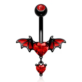 14G Bat Wings Red Heart CZ Gems Belly Button Ring