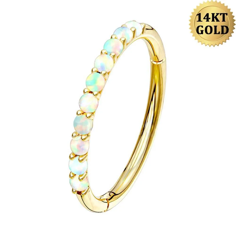 14K Solid Gold Daith Earring Side Opal 16G Hinged Segment Hoop Rings