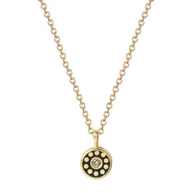 18K Gold Tiny Ebony Flower Disc with Diamonds Pendant