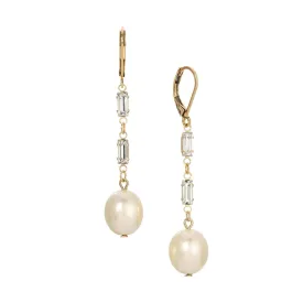 1928 Jewelry Bridal Bliss Faux Pearl & Baguette Crystal Linear Earrings