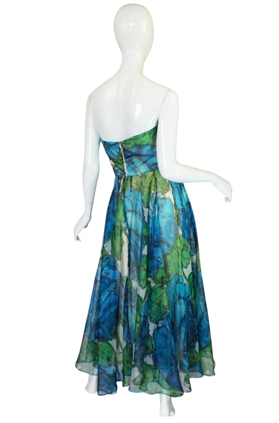 1950s Blue Strapless Silk Chiffon Helena Barbieri Dress