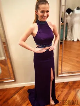 2 Pieces Beaded Purple Side Slit Prom Dresses, Sheath Long Prom Dresses, PD0708