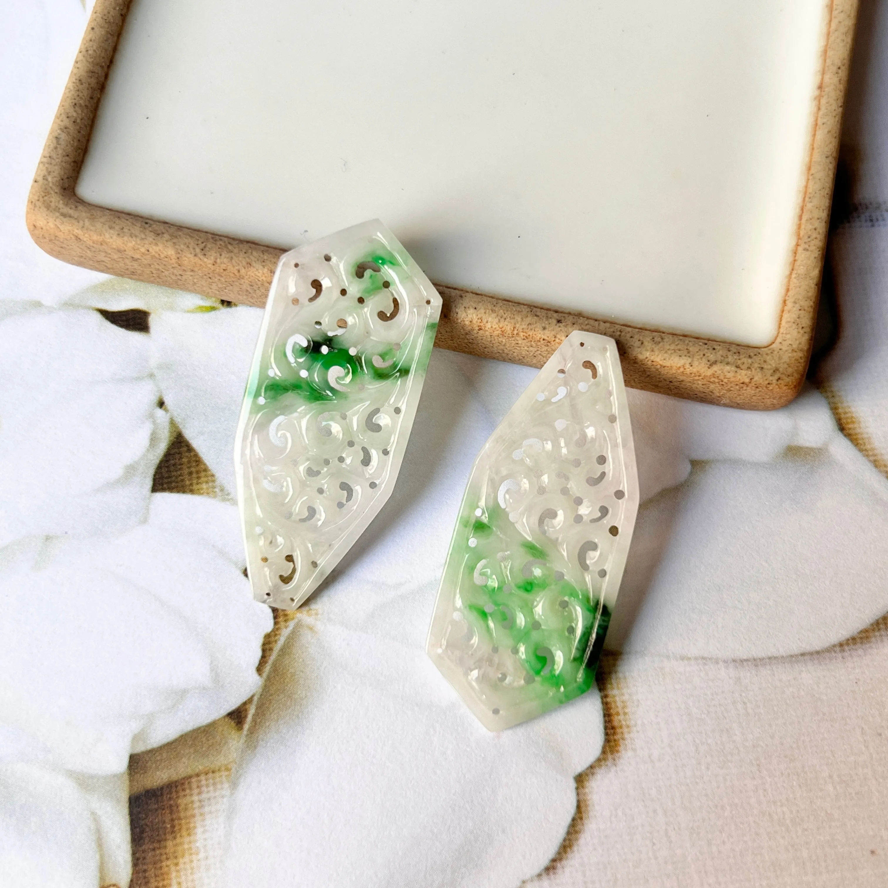 23.7cts A-Grade Natural Lavender and Floral Green Jadeite Fancy Shape Pair with Vine Carvings No.180722