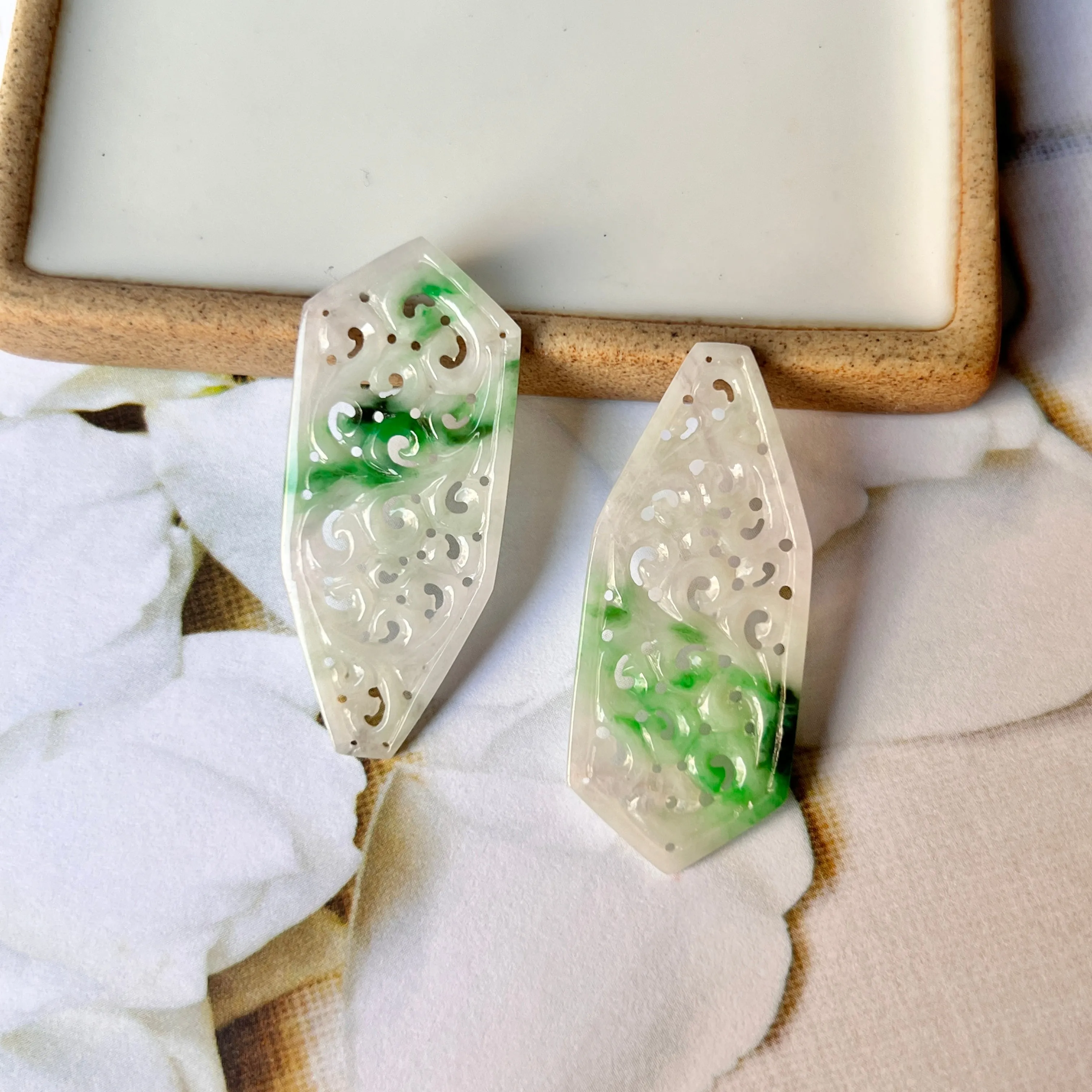 23.7cts A-Grade Natural Lavender and Floral Green Jadeite Fancy Shape Pair with Vine Carvings No.180722