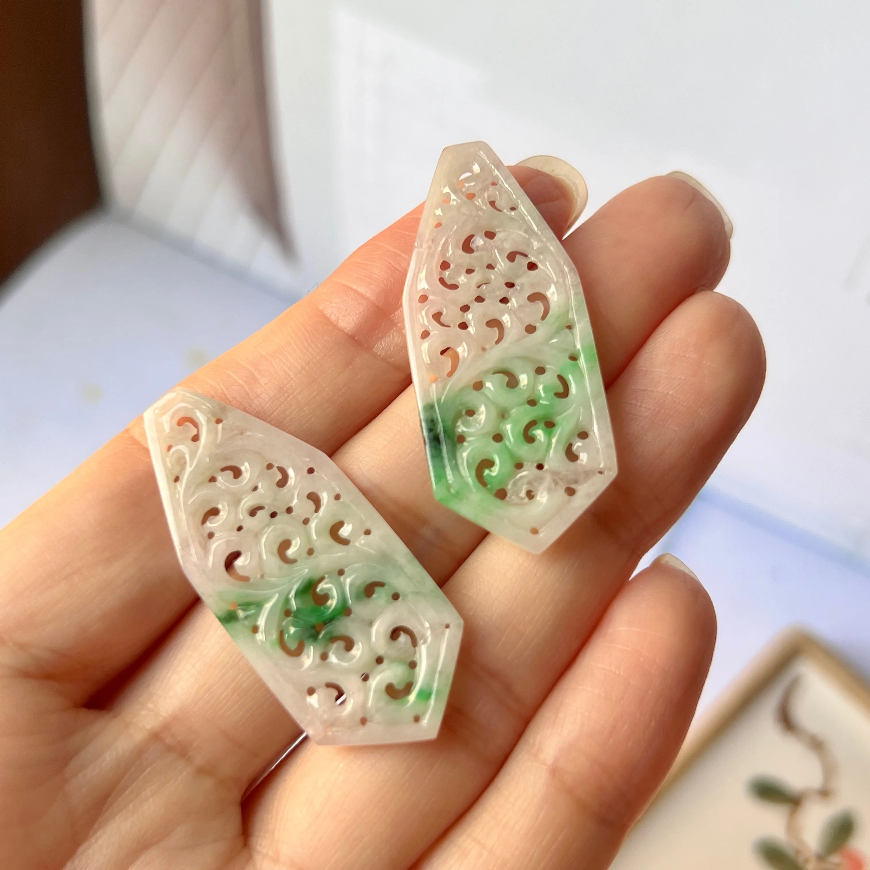 23.7cts A-Grade Natural Lavender and Floral Green Jadeite Fancy Shape Pair with Vine Carvings No.180722