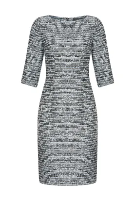 3/4 Sleeve Shift Dress in Blue/Grey Tweed - Angela