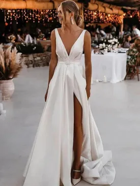 A Line Deep V Neck Ivory Satin Wedding Dresses, V Neck Ivory Satin Prom Evening Dresses with Leg Slit