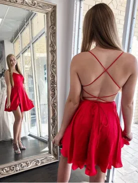 A Line Spaghetti Straps Red Backless Short Prom Dresses, Red Criss Cross Back Short Homecoming Graduation Formal Dresses