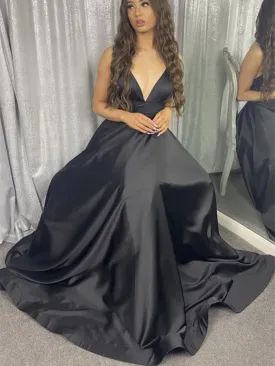 A Line V Neck Black Satin Long Prom Dresses, A Line V Neck Black Satin Long Formal Evening Dresses