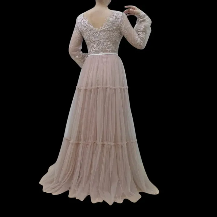 A Line V-neck Flowy Tulle Long Sleeves Floor Length Wedding Dress