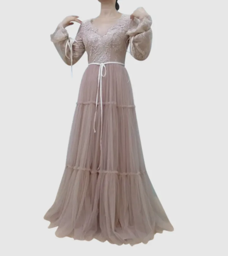 A Line V-neck Flowy Tulle Long Sleeves Floor Length Wedding Dress