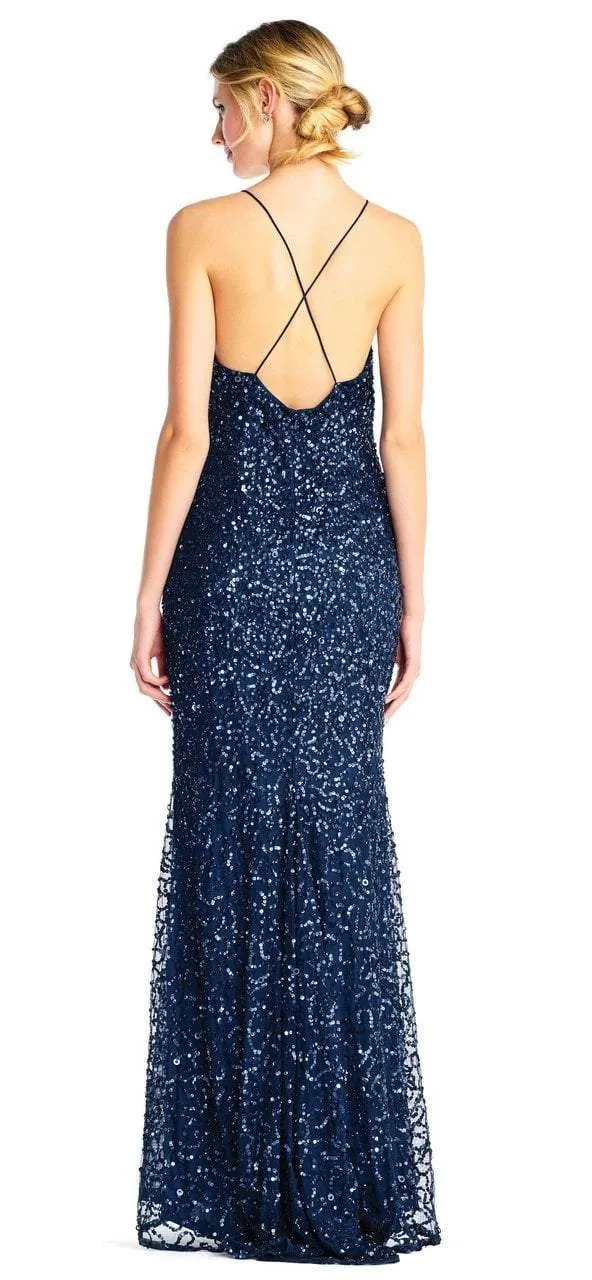 Adrianna Papell - Cross-Stringed Back Sequined Halter Gown AP1E202438 - 1 pc Deep Blue In Size 16 Available