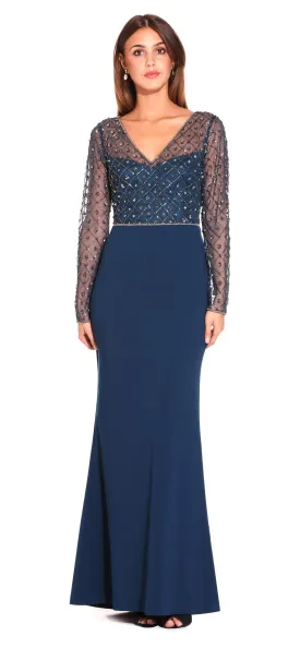 Adrianna Papell - Embellished V-Neck Evening Dress AP1E203730 - 1 pc Deep Blue In Size 4 Available