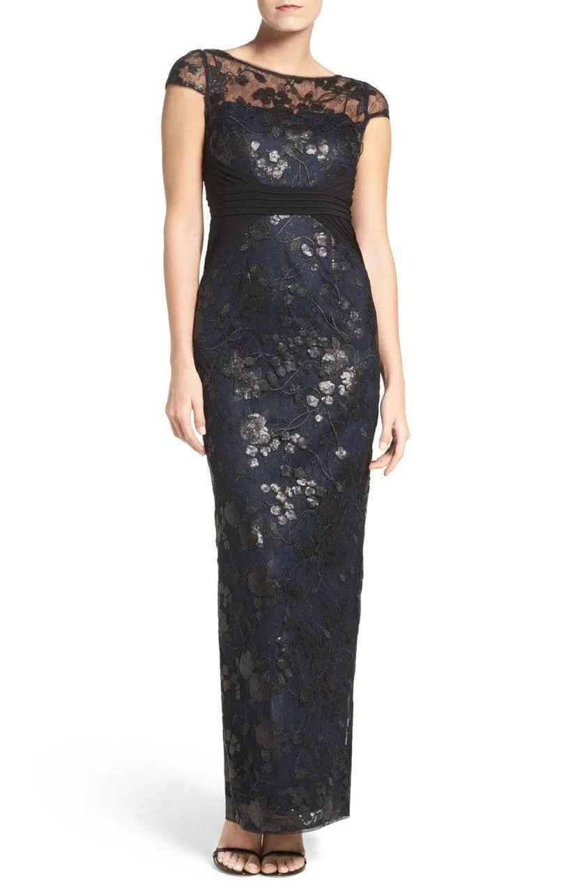 Adrianna Papell - Illusion Cap Sleeve Sequined Floral Gown AP1E200799 - 1 pc Black Navy In Size 10 Available