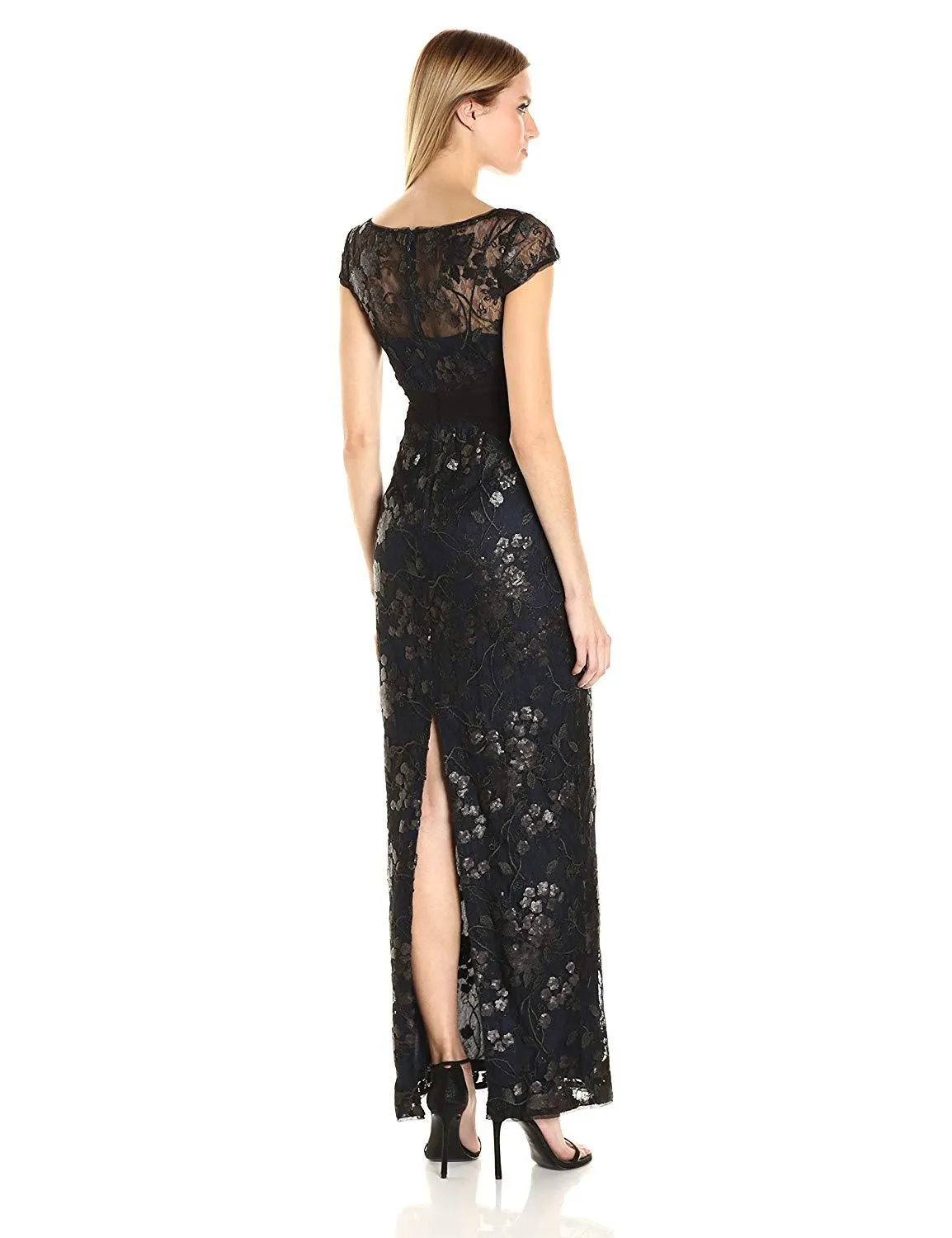 Adrianna Papell - Illusion Cap Sleeve Sequined Floral Gown AP1E200799 - 1 pc Black Navy In Size 10 Available