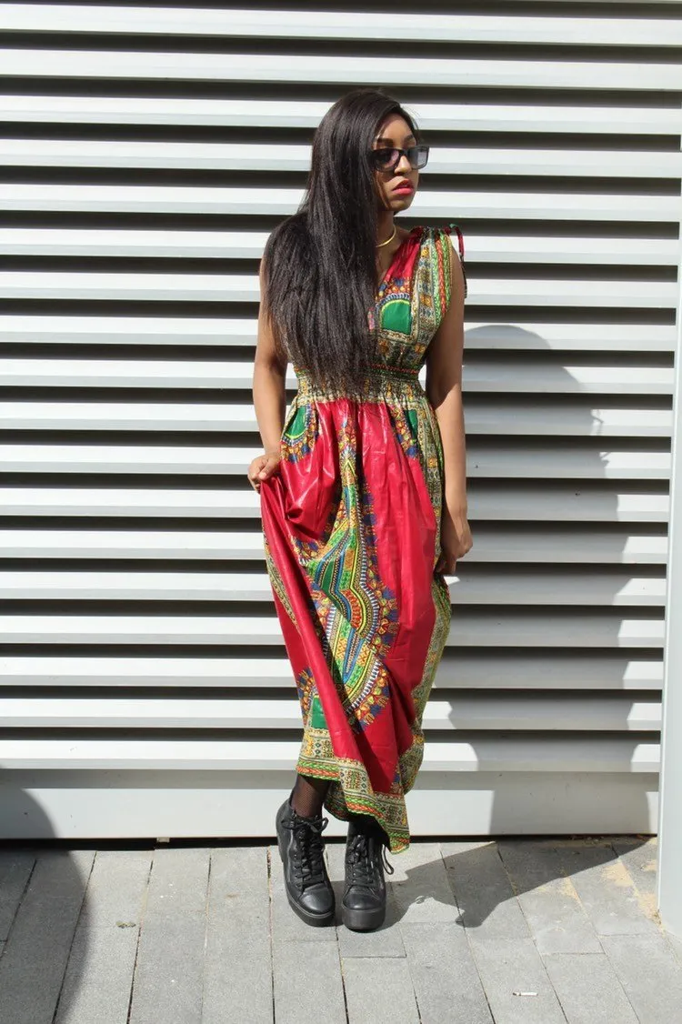 African Dress in Red Dashiki Print - Festival Dress