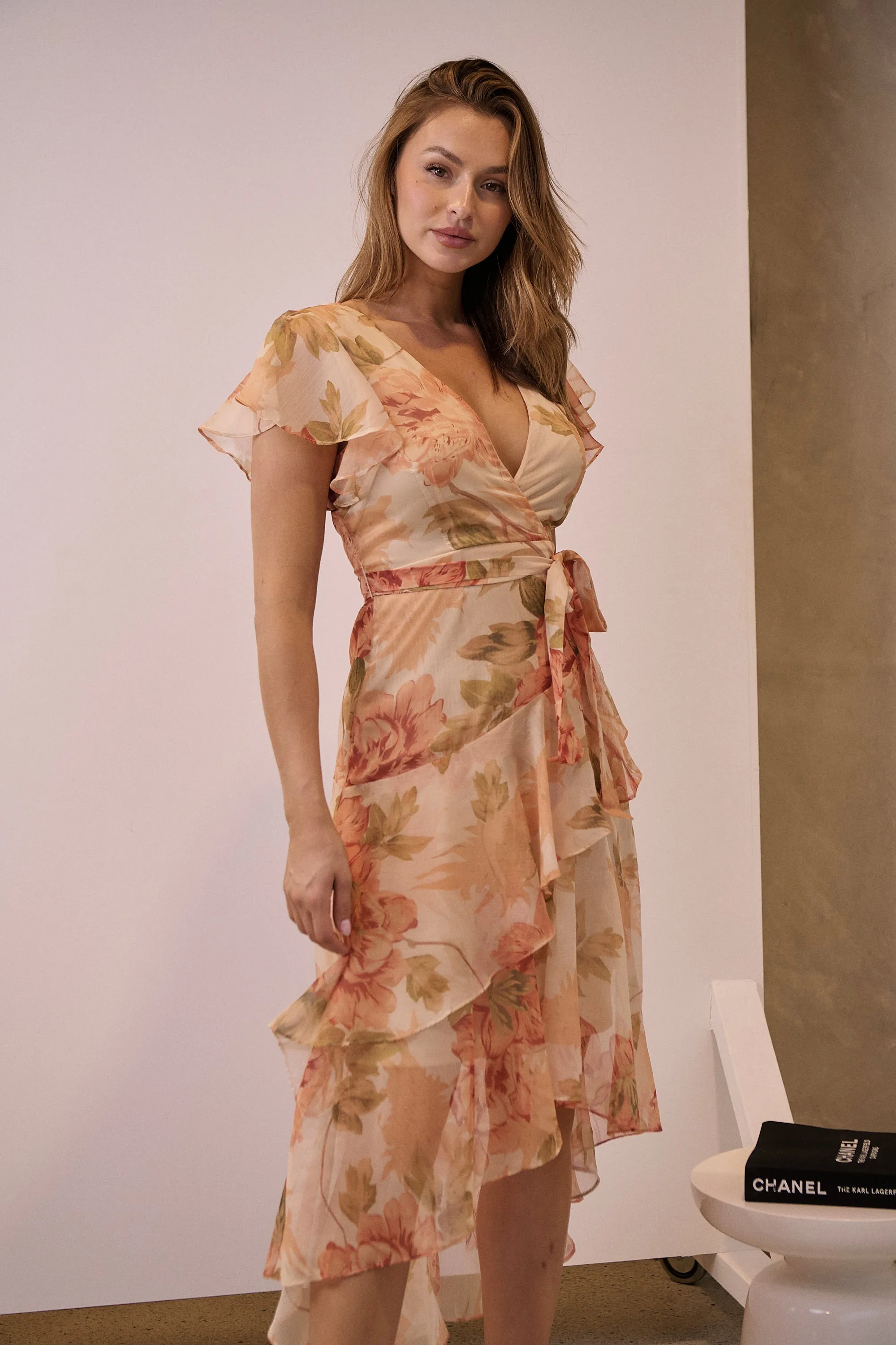 Aida Peach/Orange Floral Print Frill Evening Dress