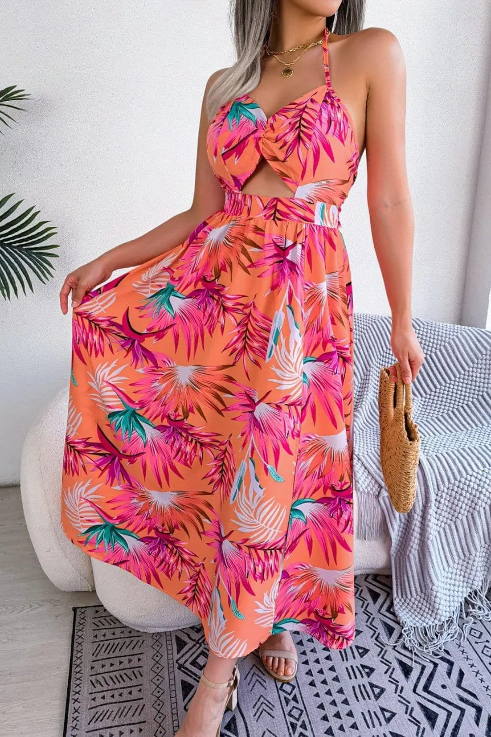 Andrea Botanical Print Tied Backless Cutout Slit Dress