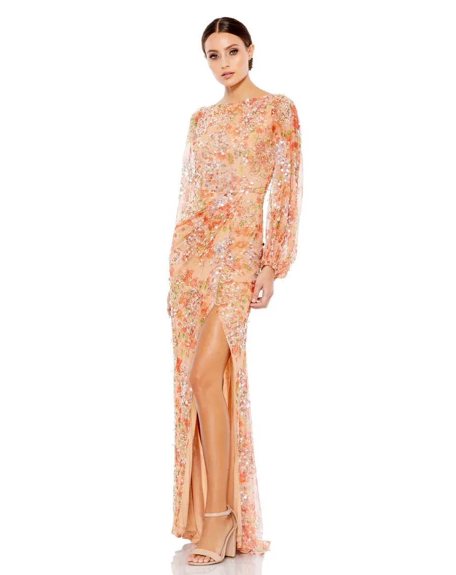 Apricot Sequined Stylish Floral Print Gown