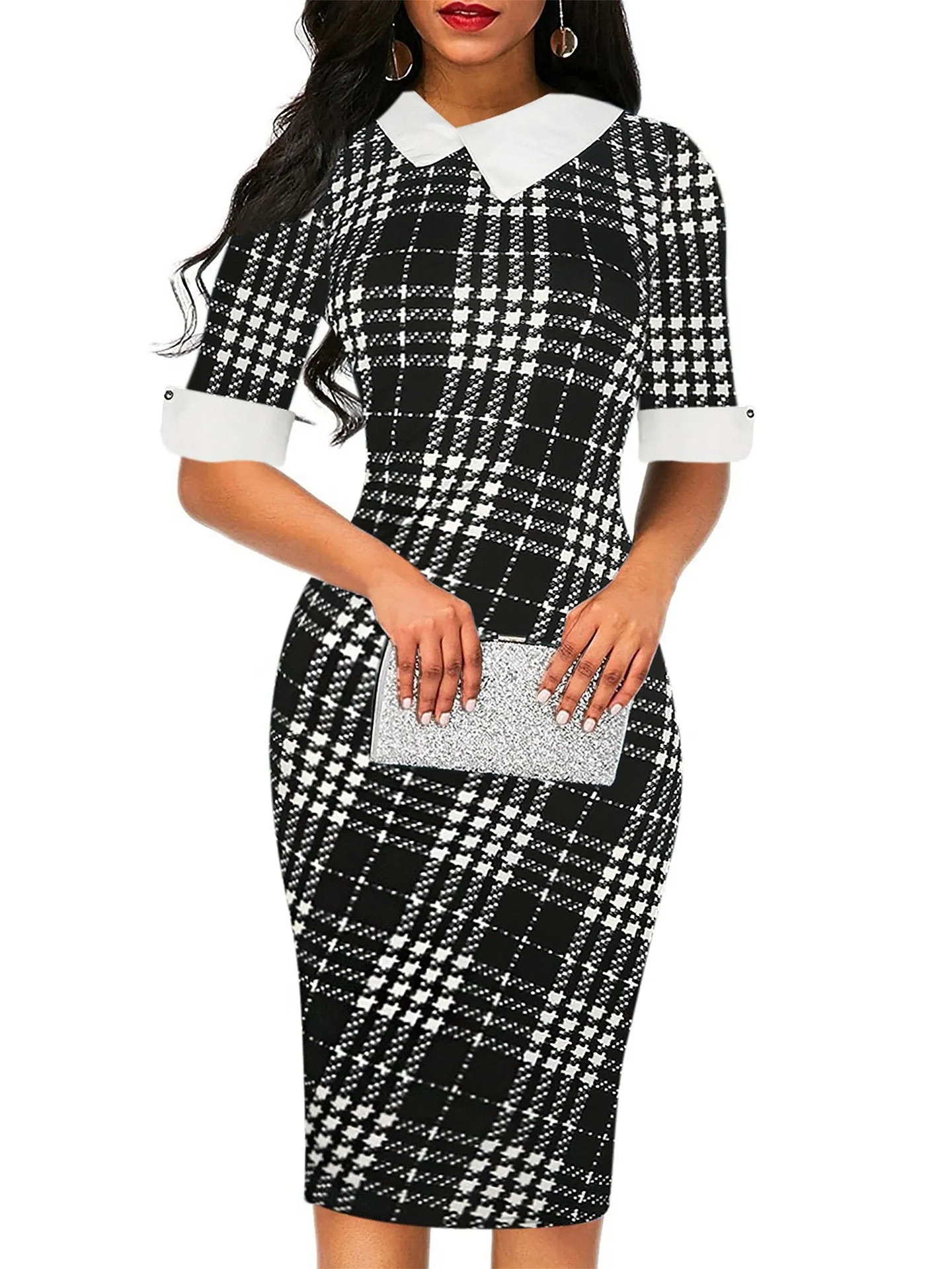 Asymmetrical Contrast Collar Fitted Dress