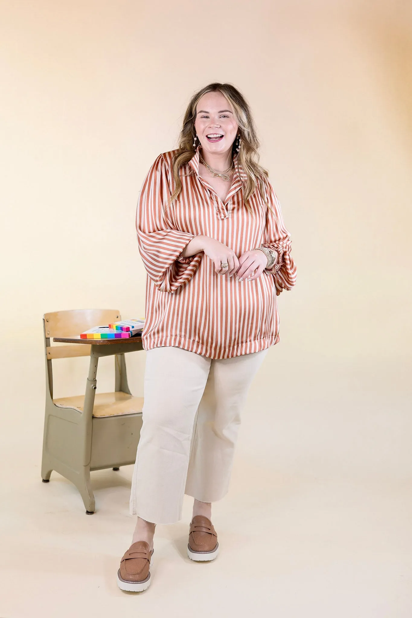 Back To Classic Long Sleeve Striped Top in Dusty Coral Orange