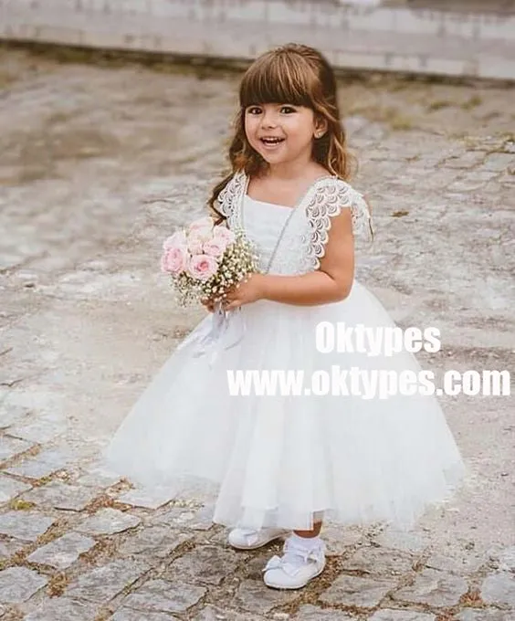 Ball Gown Square Neck White Tulle Flower Girl Dress with Lace, TYP0886