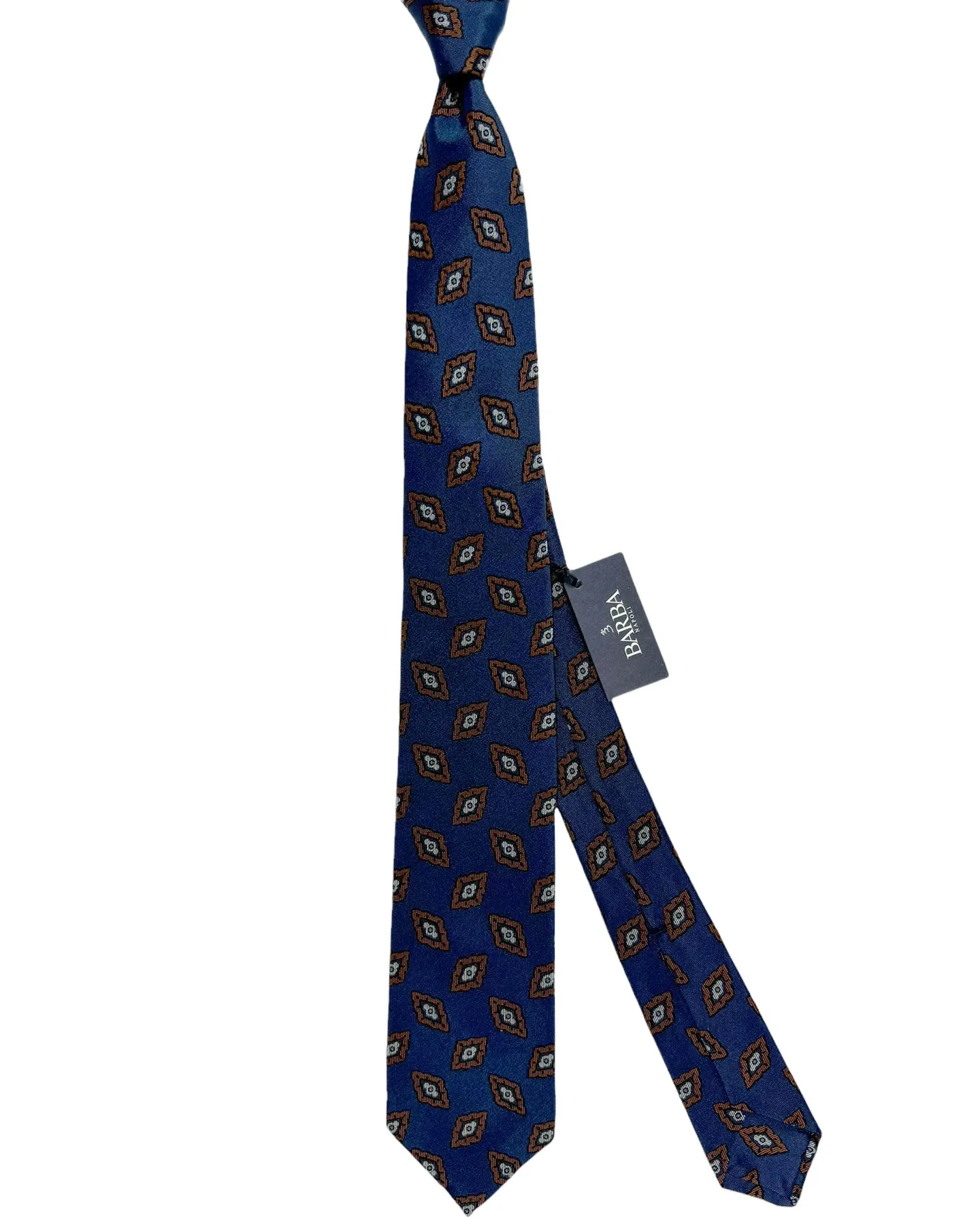 Barba Sevenfold Tie Midnight Blue Brown Geometric Design - Sartorial Neckwear