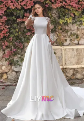 Bateau Long Sleeves Appliques A-Line Wedding Dress