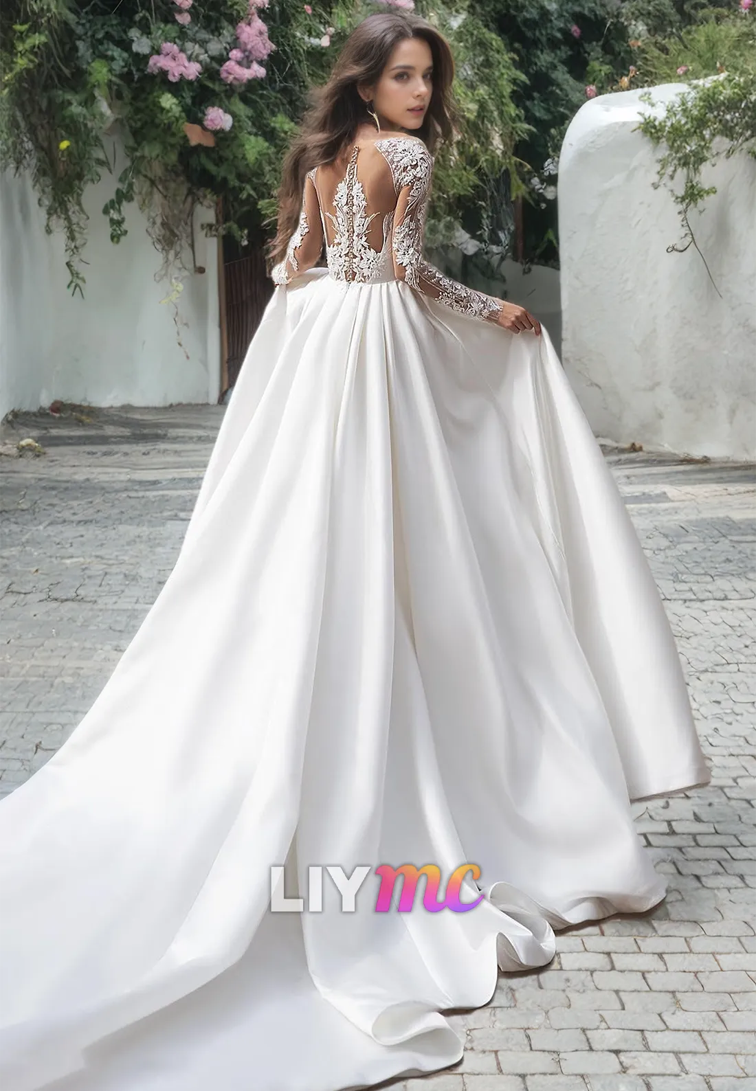 Bateau Long Sleeves Appliques A-Line Wedding Dress