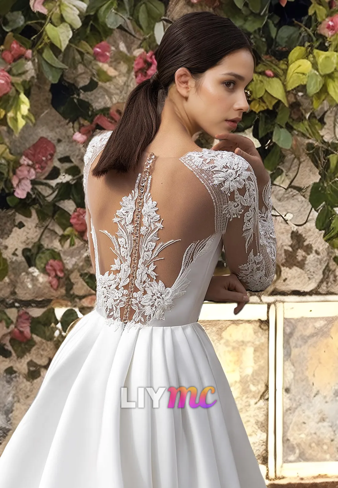 Bateau Long Sleeves Appliques A-Line Wedding Dress