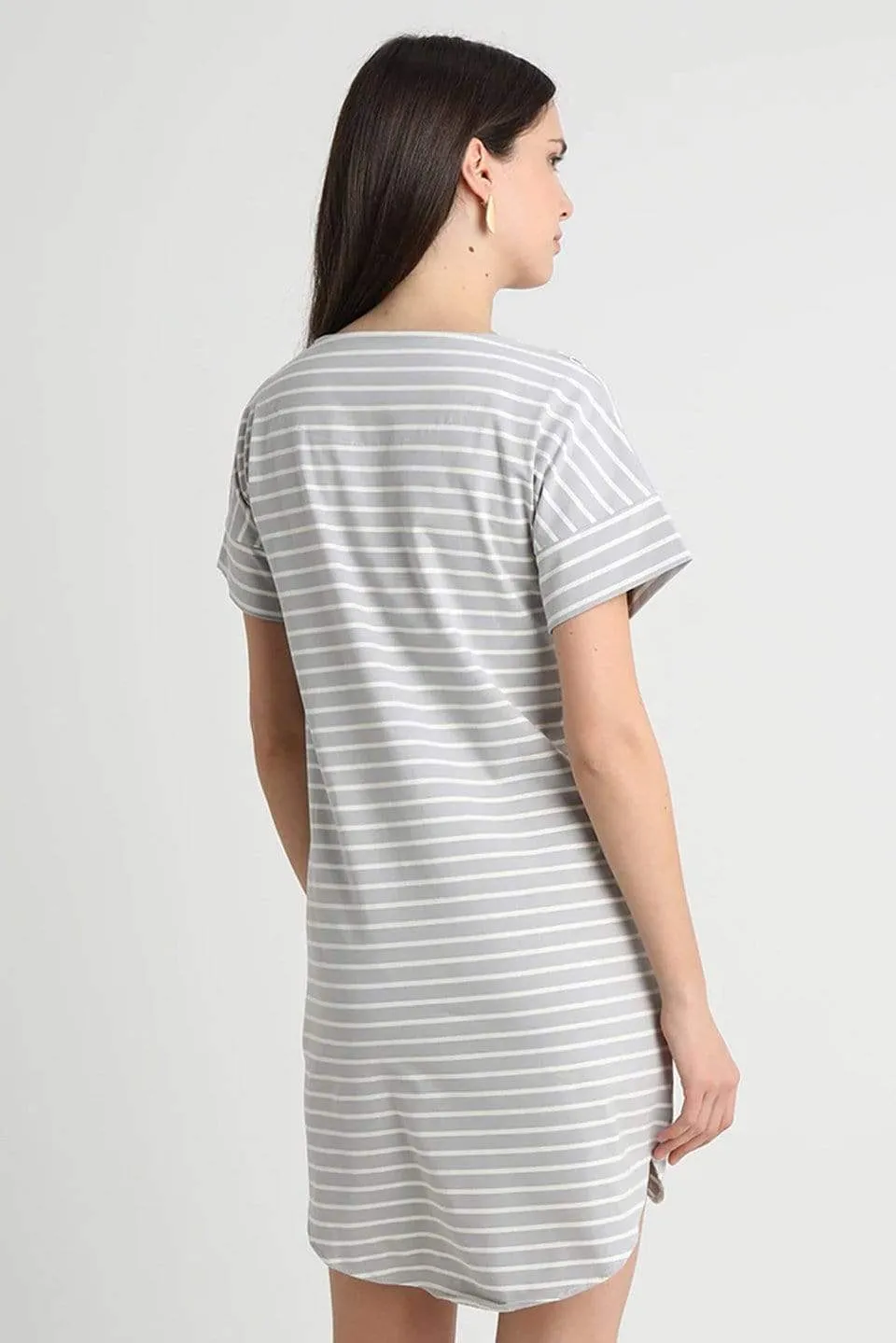 Batwing Sleeves Cambrie Nursing Dress Grey Stripes