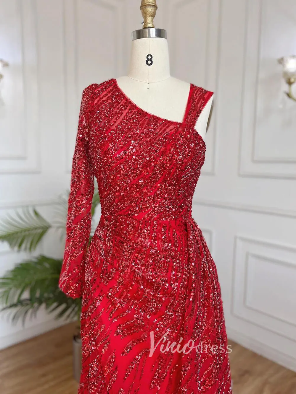 Beaded Evening Dress One Shoulder Long Sleeve Mermaid Prom Dresses 20034