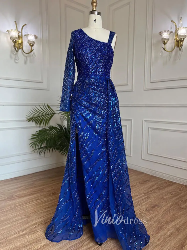 Beaded Evening Dress One Shoulder Long Sleeve Mermaid Prom Dresses 20034