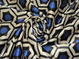 Beige Blue Black Geometric Printed Satin Fabric