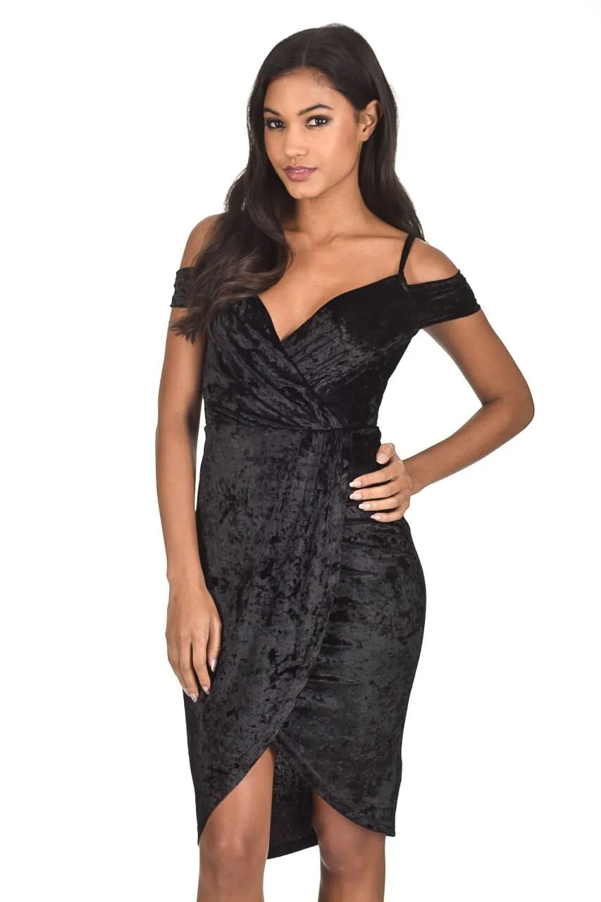 Black Crushed Velvet Wrap Dress