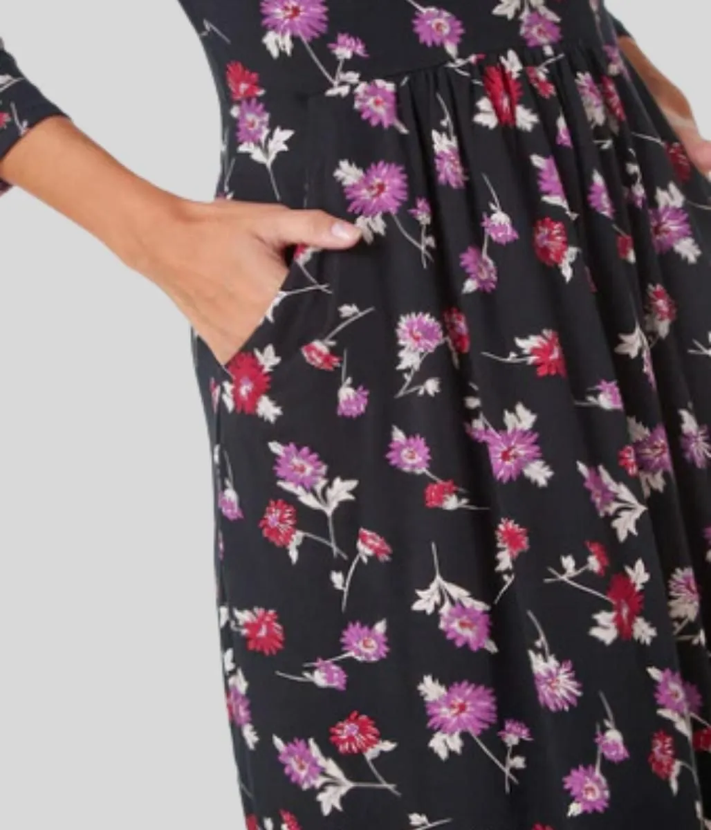 Black Floral Jersey Midi Dress