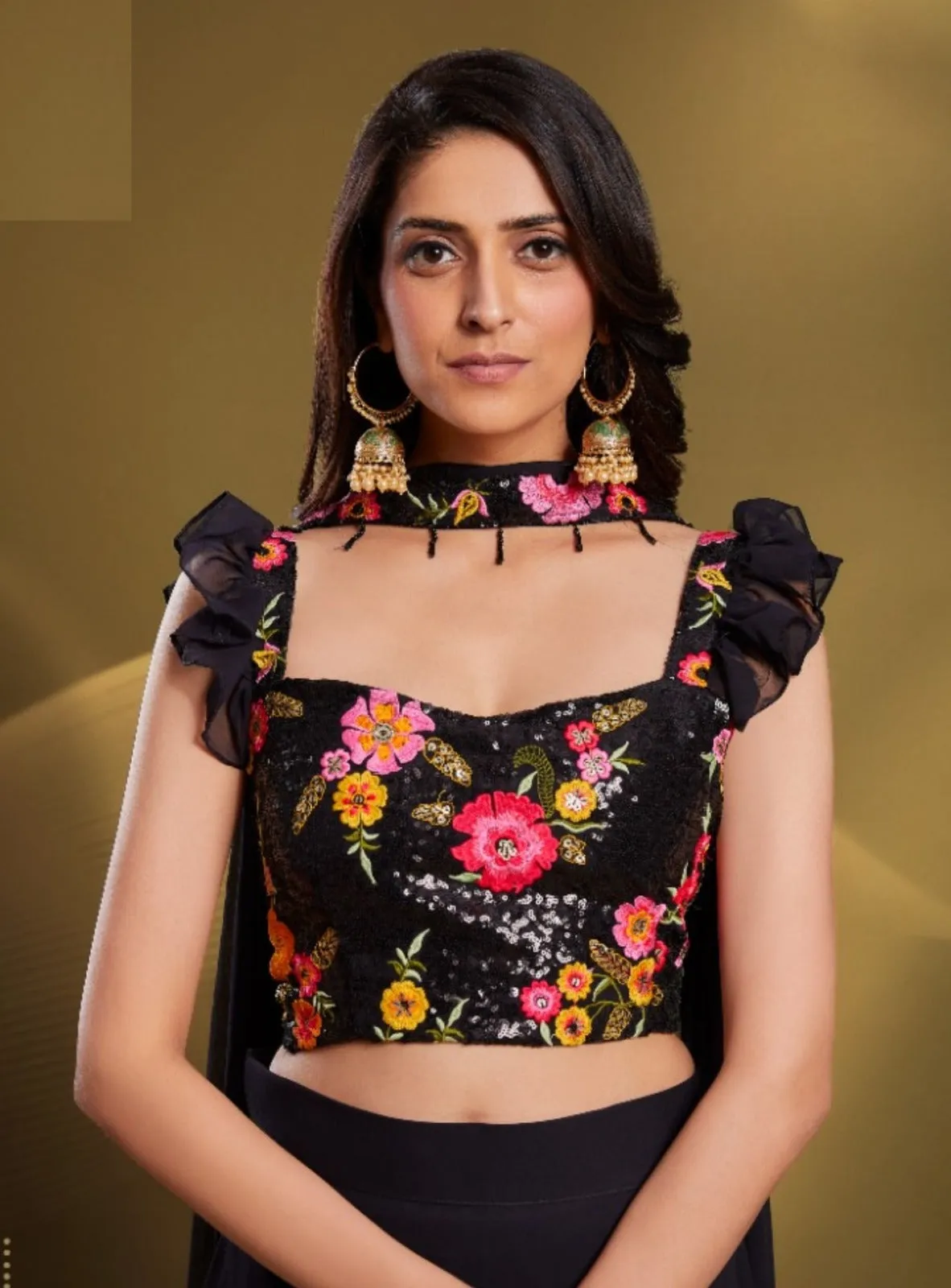 Black Floral Printed Lehanga - RENT