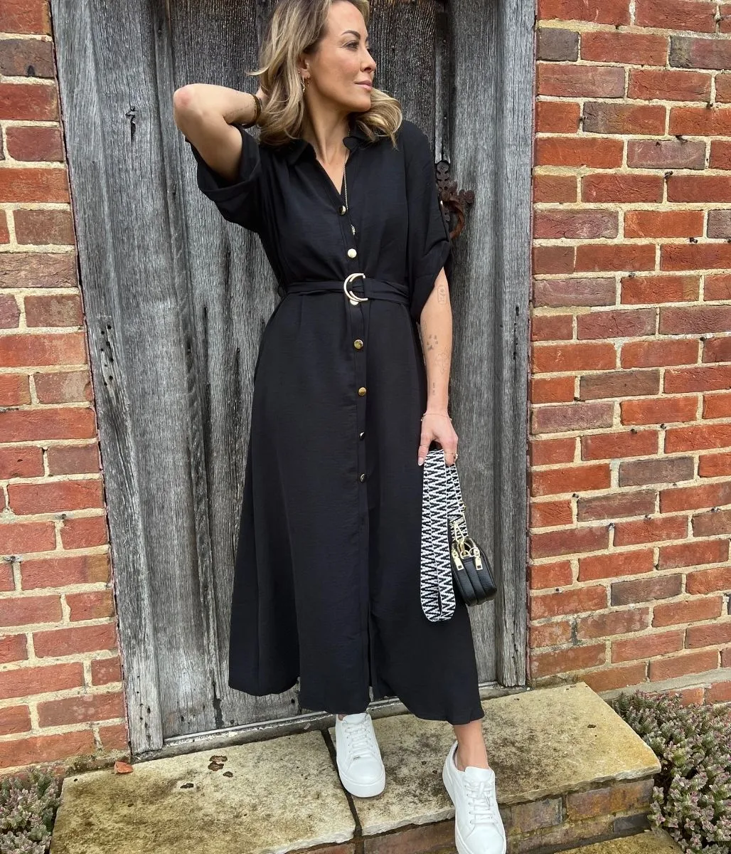 Black Gold Button Shirt Dress