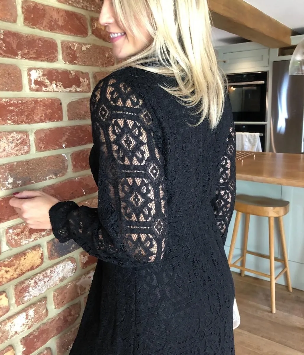 Black Lace Overlay Midi Dress