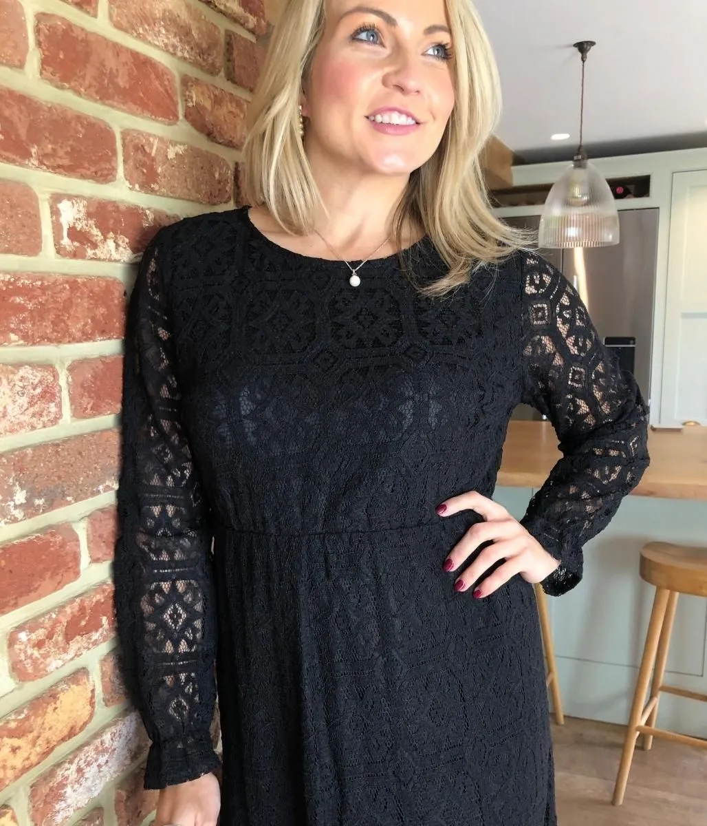 Black Lace Overlay Midi Dress