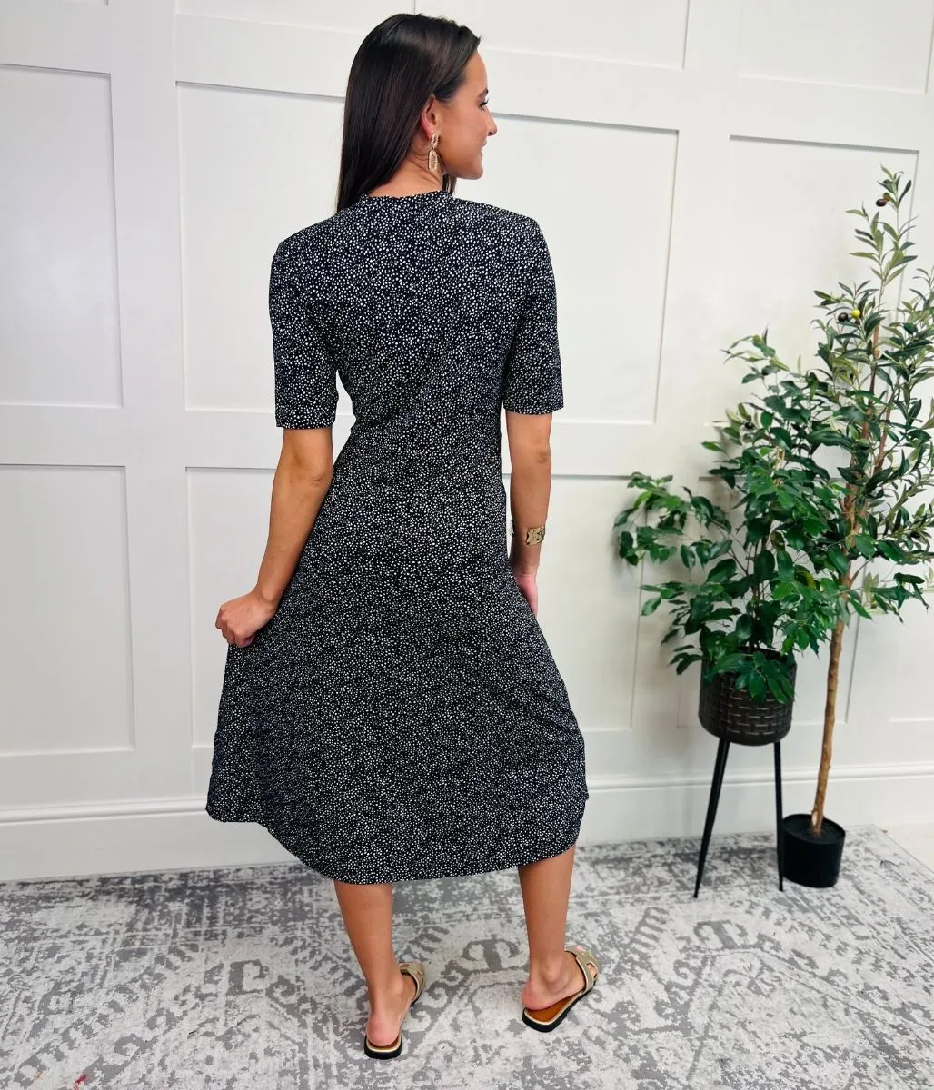 Black Printed Stretch Fit & Flare Midi Dress