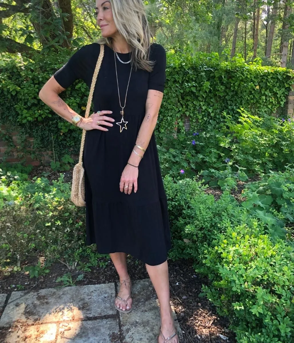 Black Tiered Jersey Midi Dress