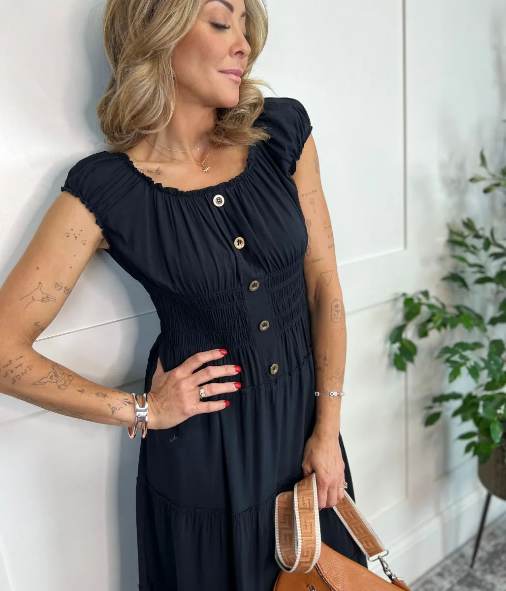 Elegant Black Midi Dress with Tiered Shirring Detail