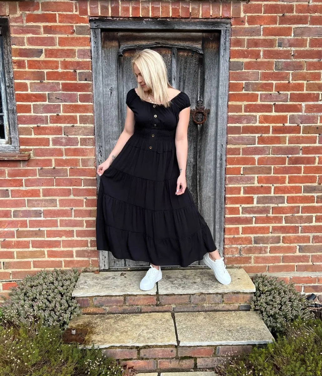 Elegant Black Midi Dress with Tiered Shirring Detail