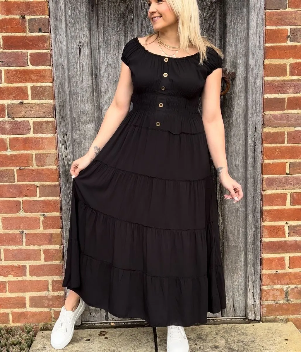 Elegant Black Midi Dress with Tiered Shirring Detail