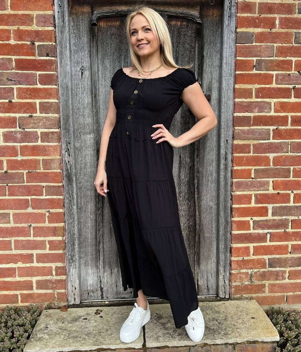 Elegant Black Midi Dress with Tiered Shirring Detail