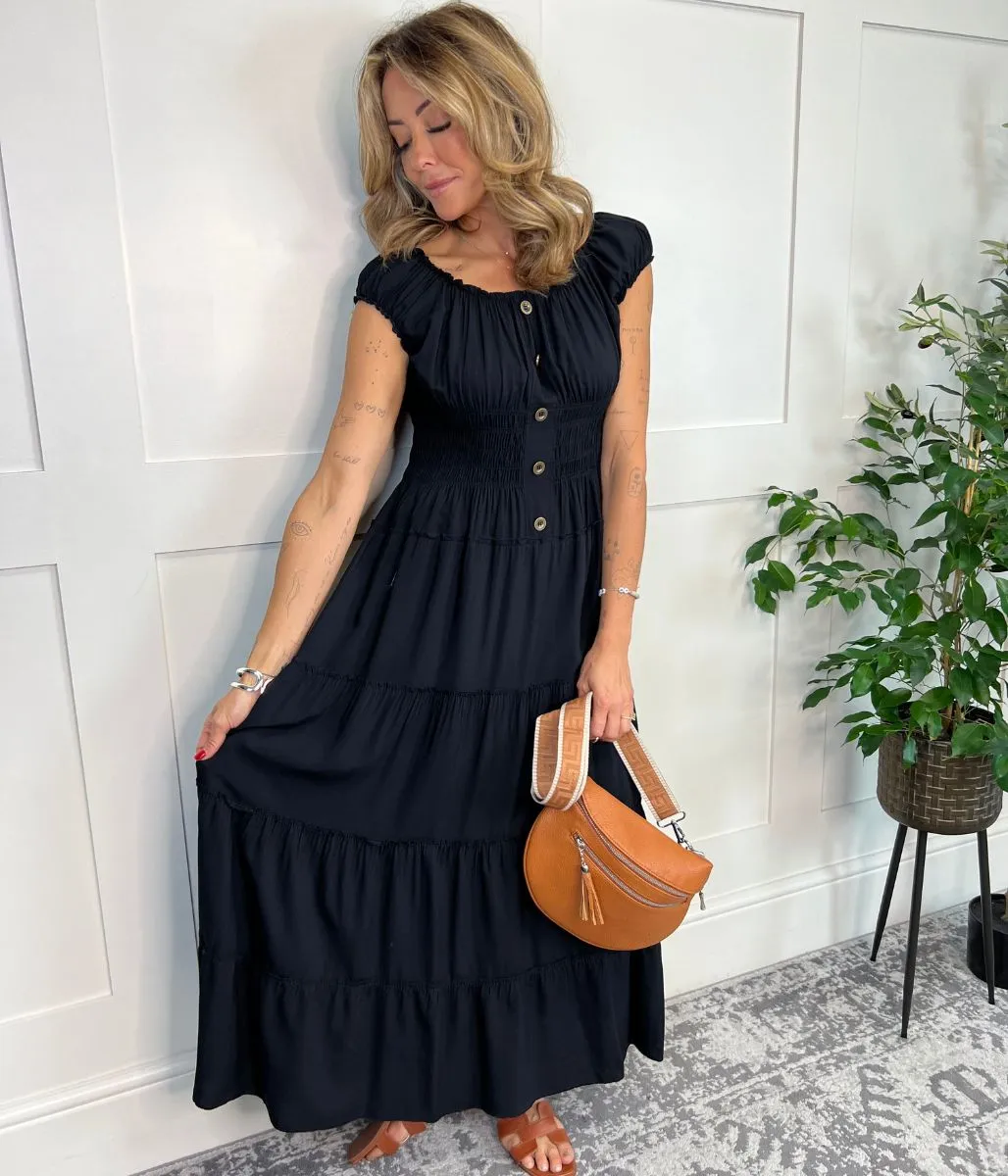 Elegant Black Midi Dress with Tiered Shirring Detail