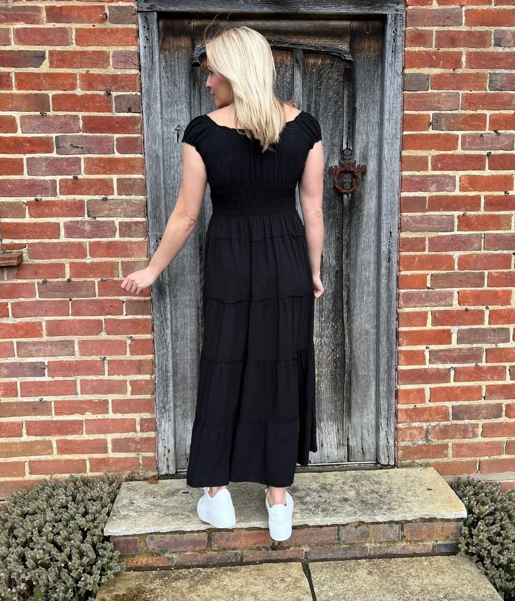 Elegant Black Midi Dress with Tiered Shirring Detail