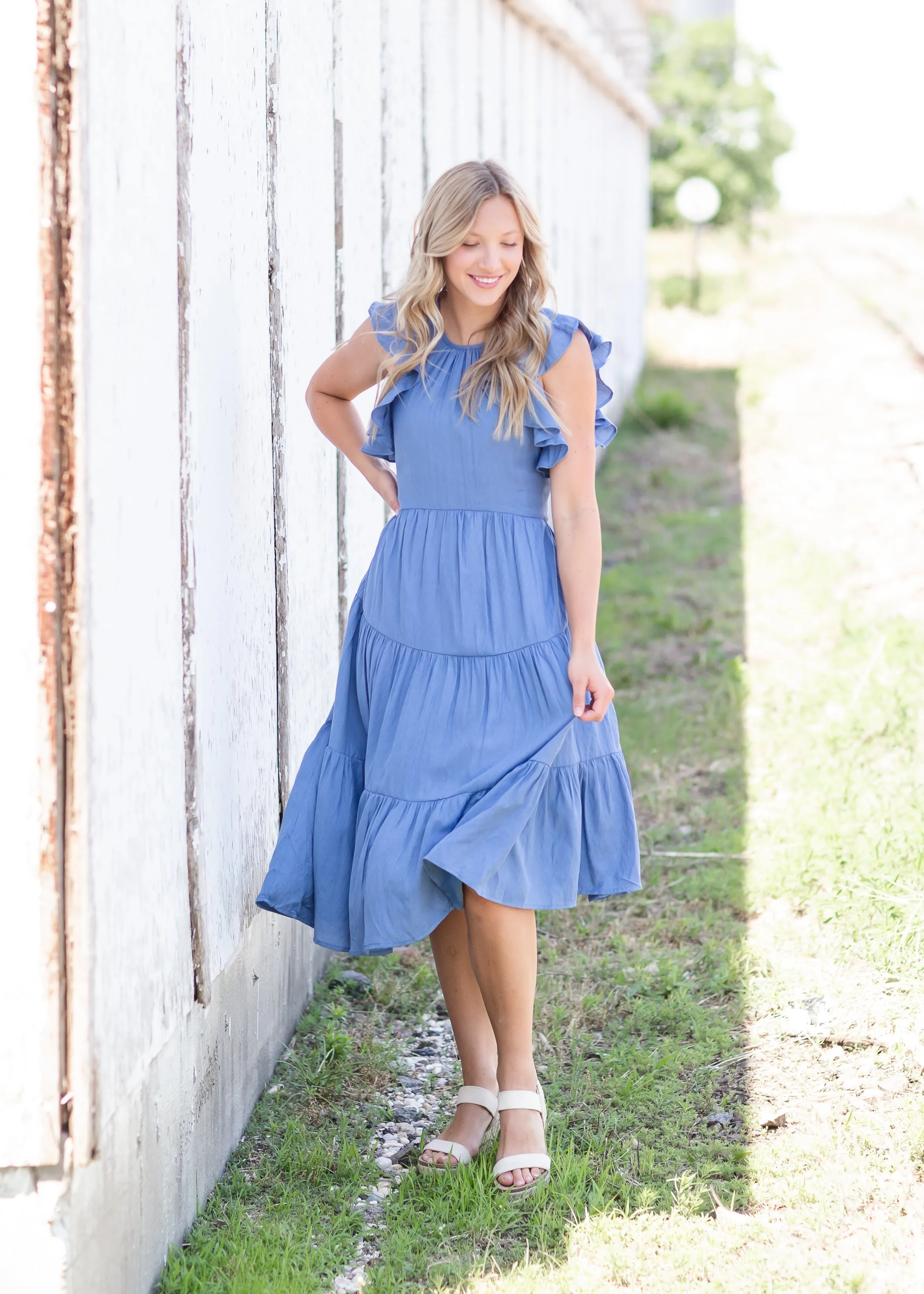 Blue Ruffle Sleeve Midi Dress