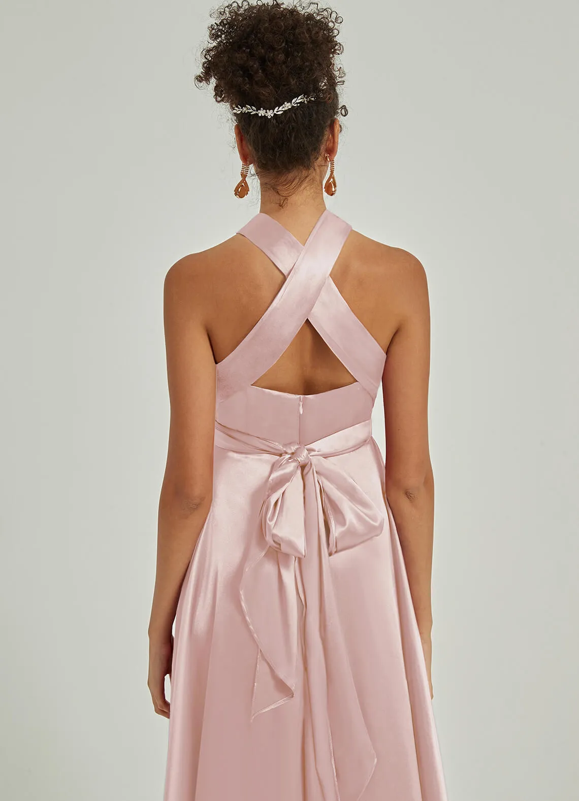 Blush Satin Convertible Bridesmaid Dress Multi Ways Wrap A-Line Gowns